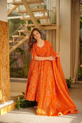 Orange Printed Muslin Suit