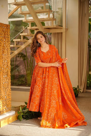 Orange Printed Muslin Suit