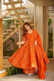 Orange Printed Muslin Suit