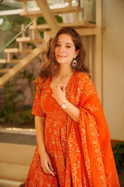 Orange Printed Muslin Suit