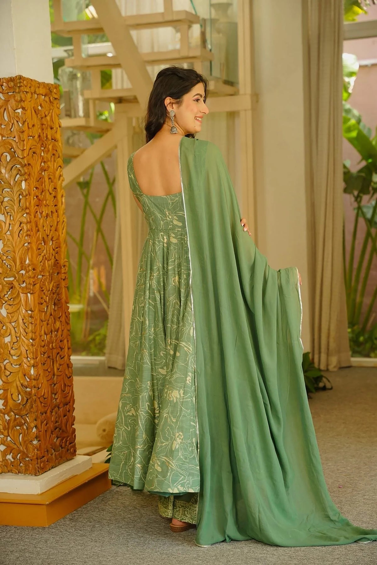 sage printed muslin suit