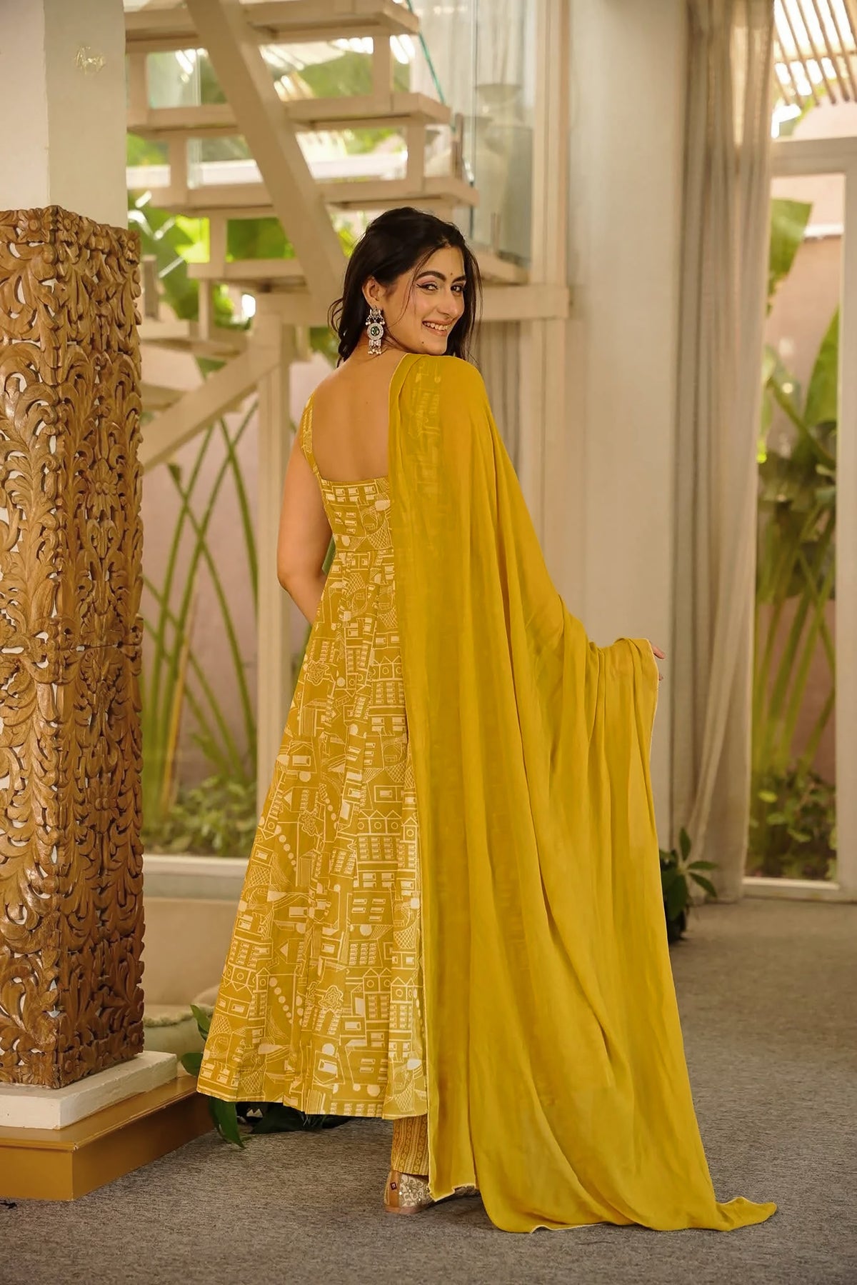 Mustard Cotton Anarkali Set