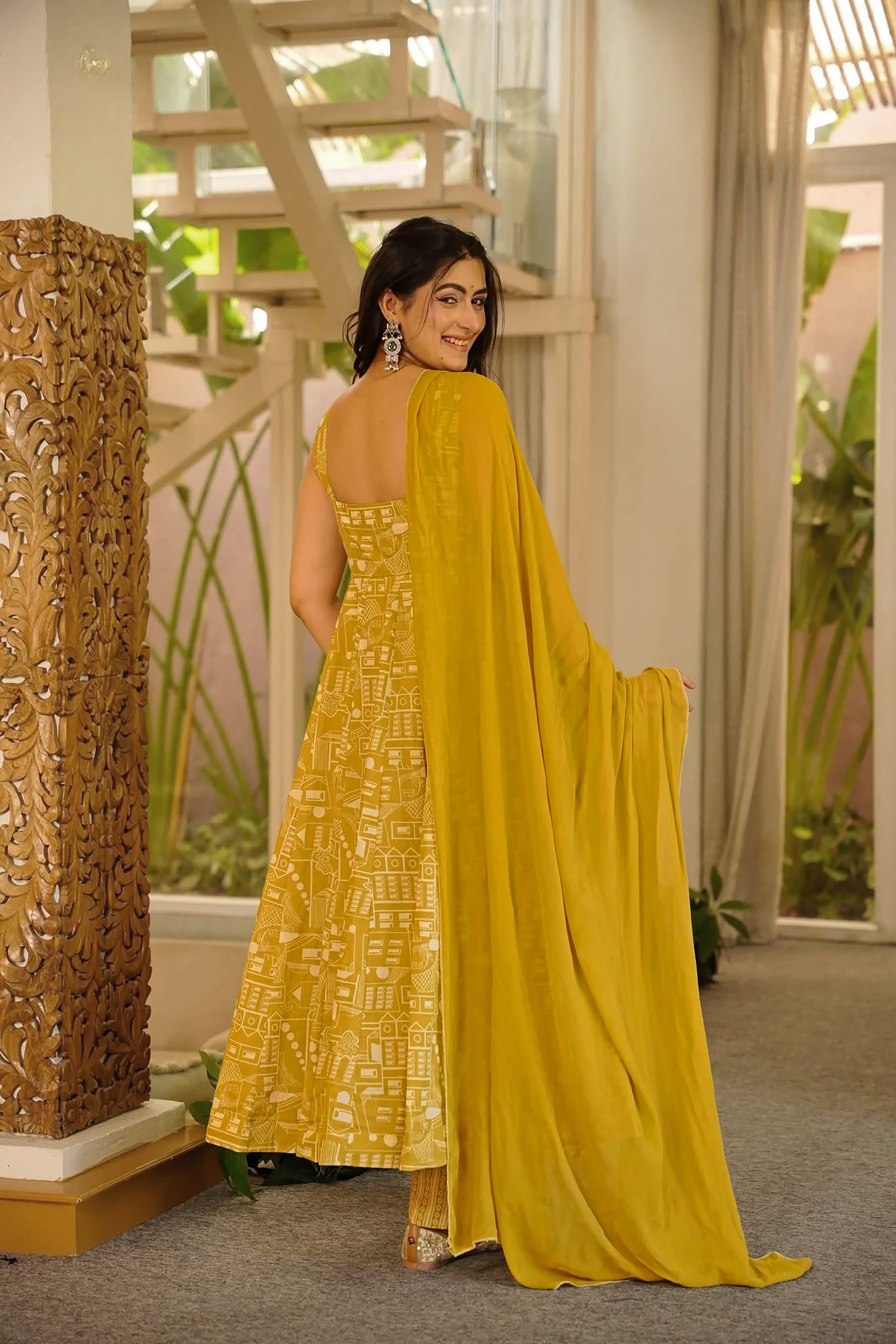 Mustard Muslin Anarkali Set