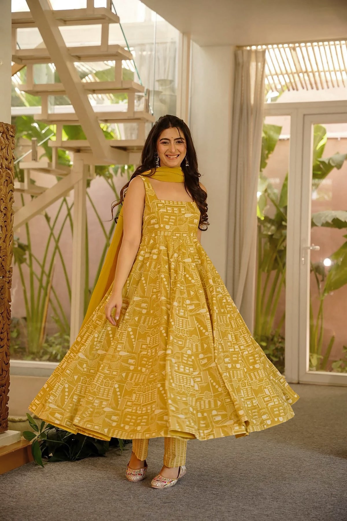 Mustard Cotton Anarkali Set