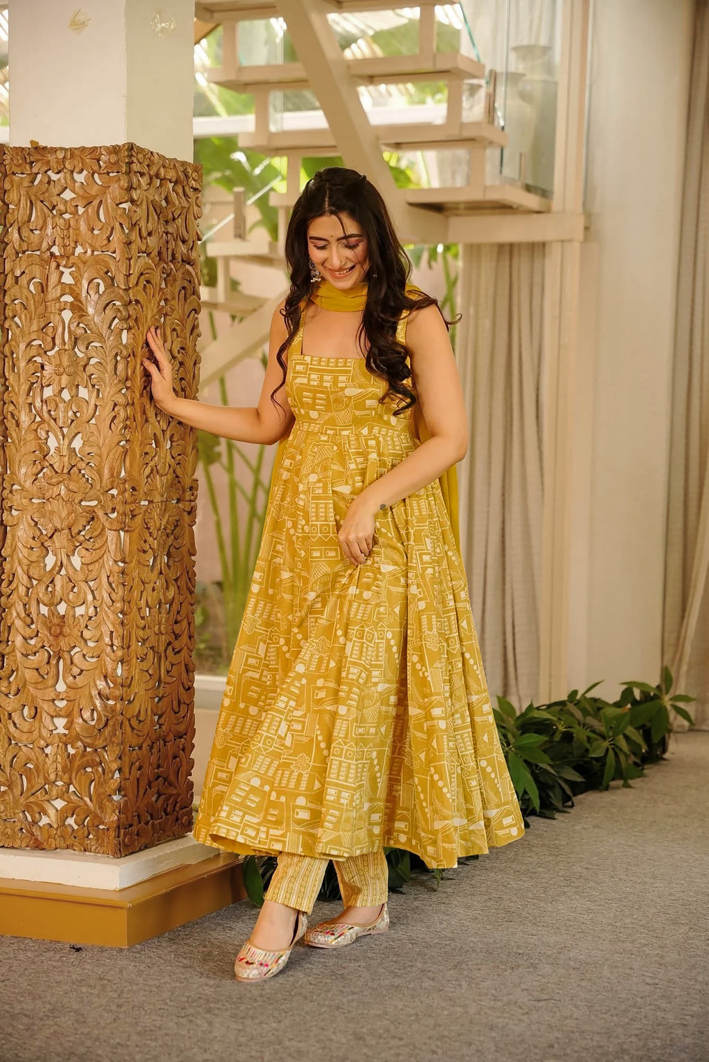 Mustard Muslin Anarkali Set