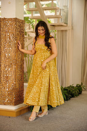 Mustard Cotton Anarkali Set