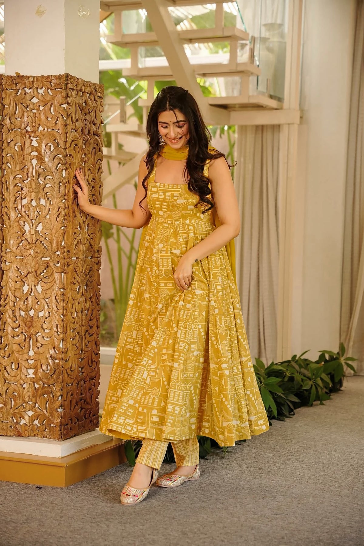 Mustard Cotton Anarkali Set