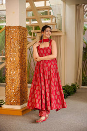 Red Printed Cotton Anarkali Suit