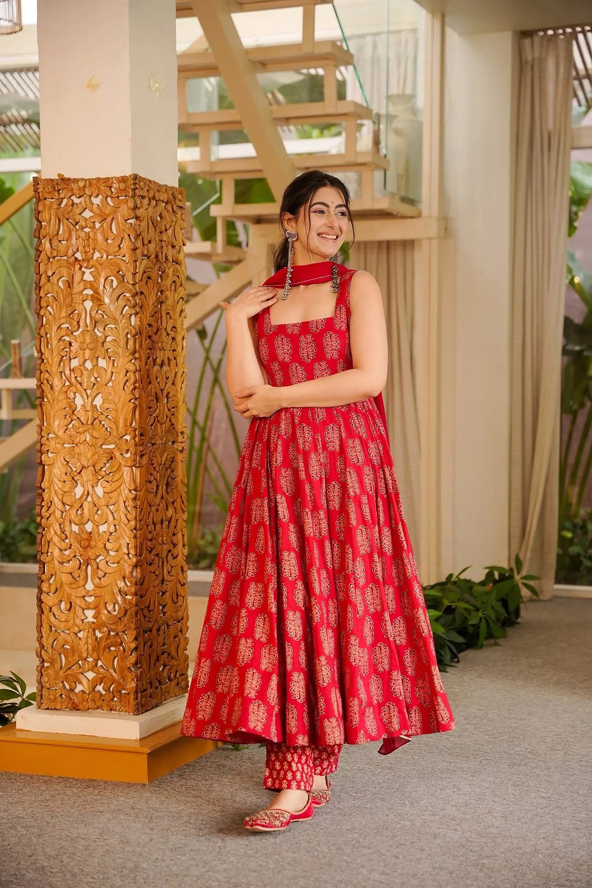 Red Printed Cotton Anarkali Suit