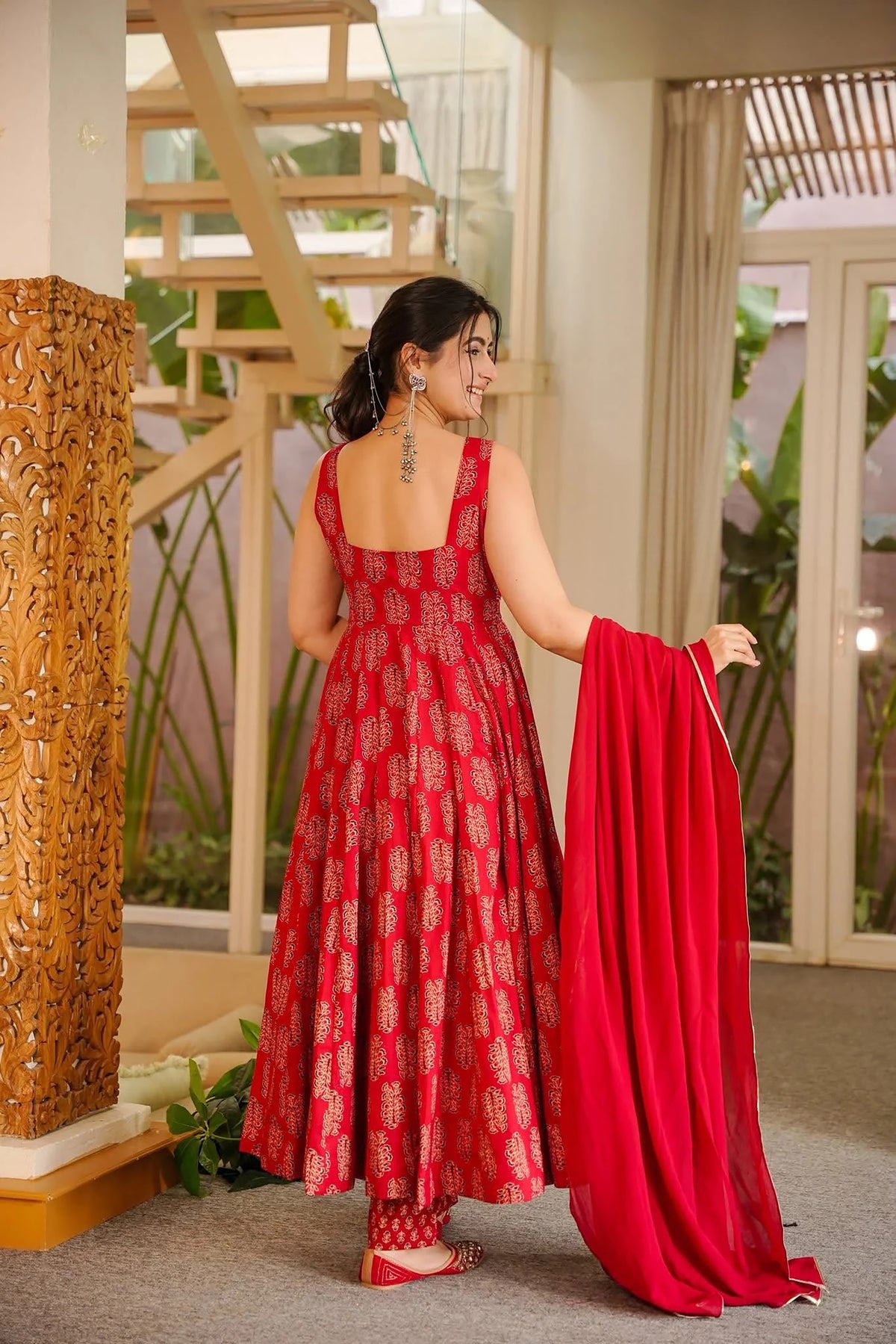 Red Printed Cotton Anarkali Suit
