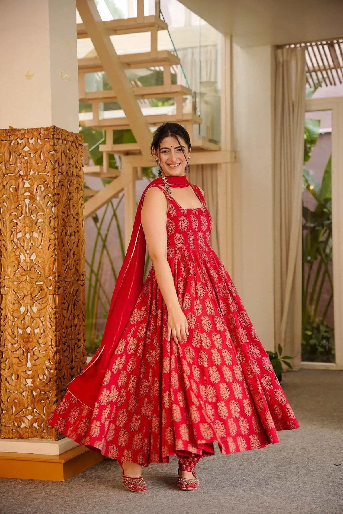 Red Printed Cotton Anarkali Suit
