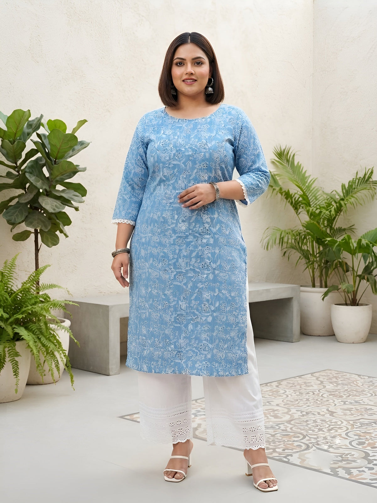 Plus Size Blue Printed Straight kurta For Women