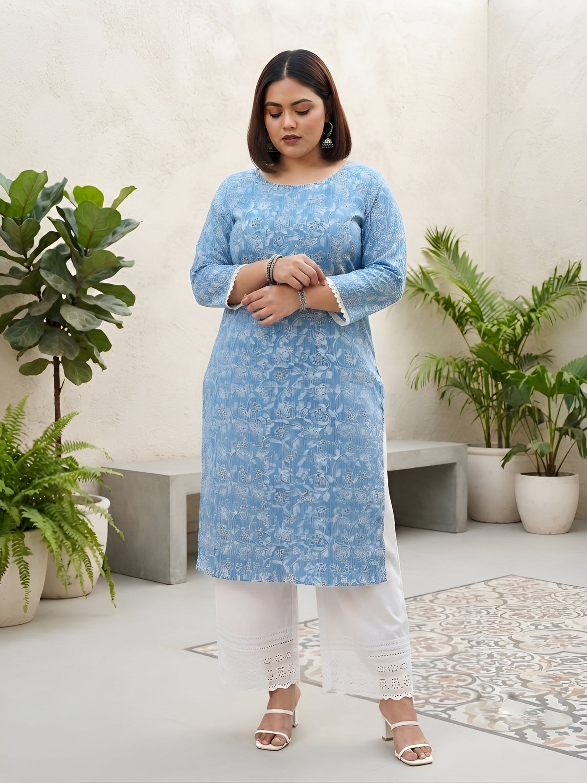 Plus Size Blue Printed Straight kurta For Women