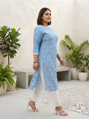 Plus Size Blue Printed Straight kurta For Women