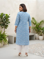 Plus Size Blue Printed Straight kurta For Women