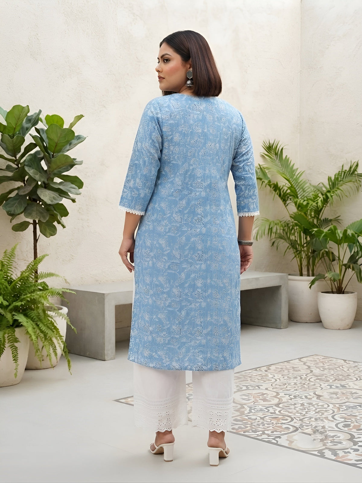 Plus Size Blue Printed Straight kurta For Women
