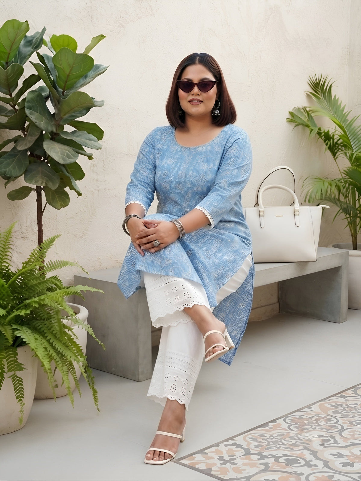 Plus Size Blue Printed Straight kurta For Women