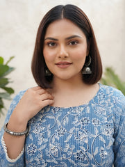 Plus Size Blue Printed Straight kurta For Women