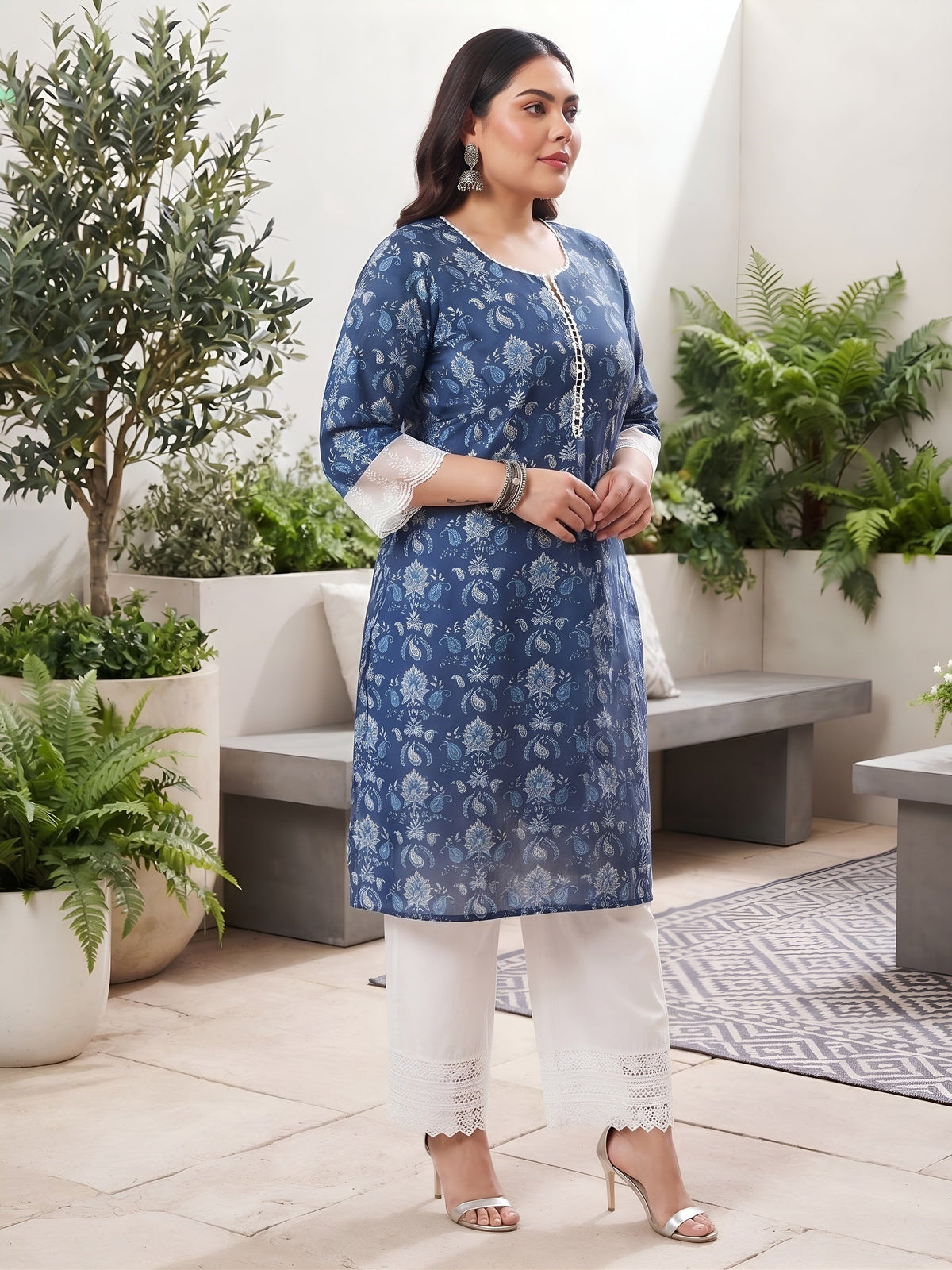 Plus Size Blue Printed Straight kurta For Women