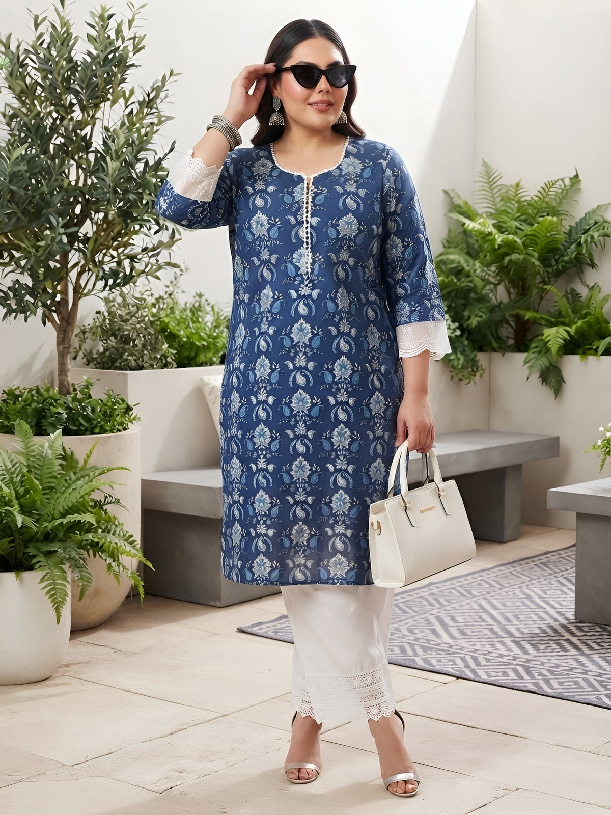 Plus Size Blue Printed Straight kurta For Women