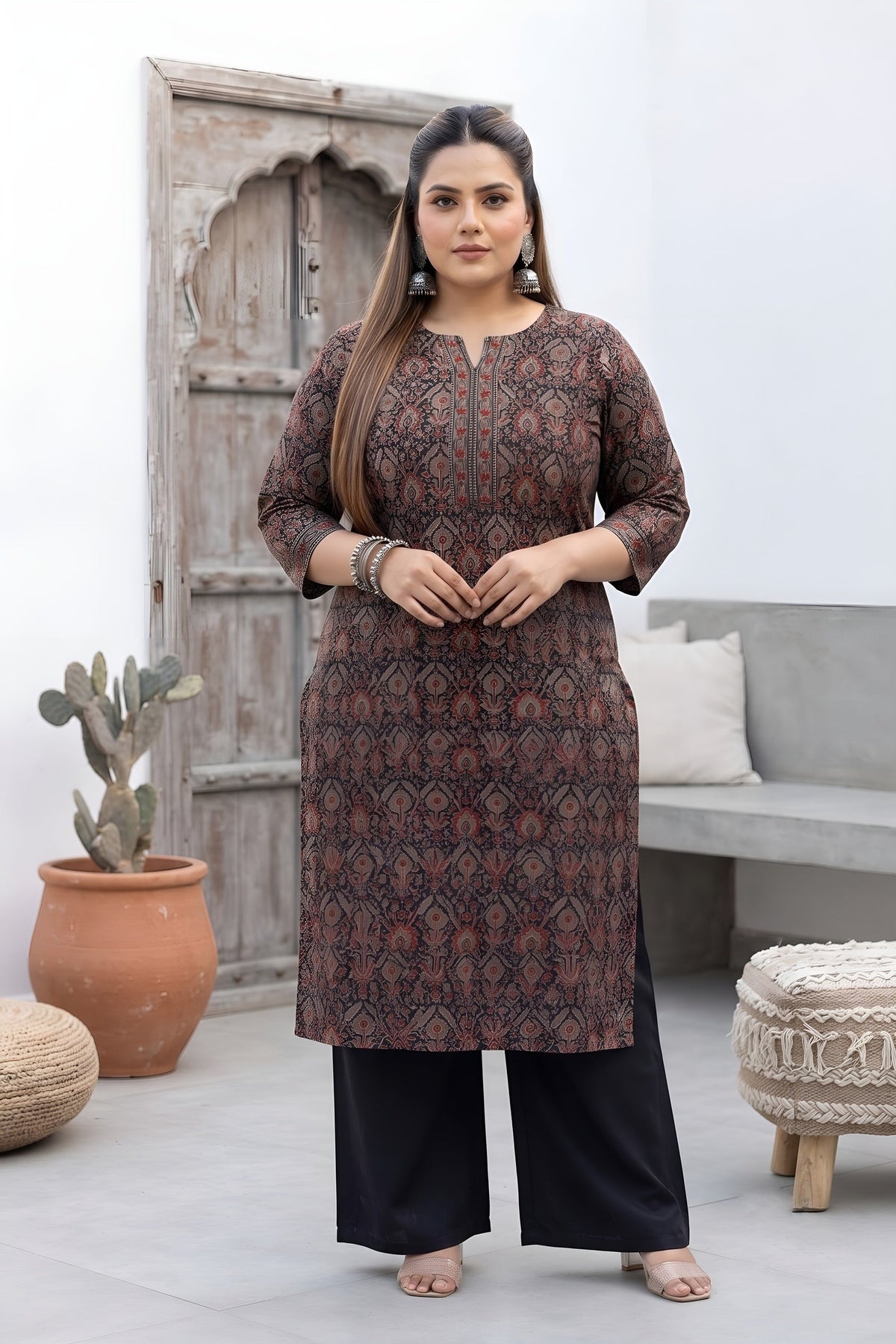 Plus Size Black Printed Straight kurta For Women