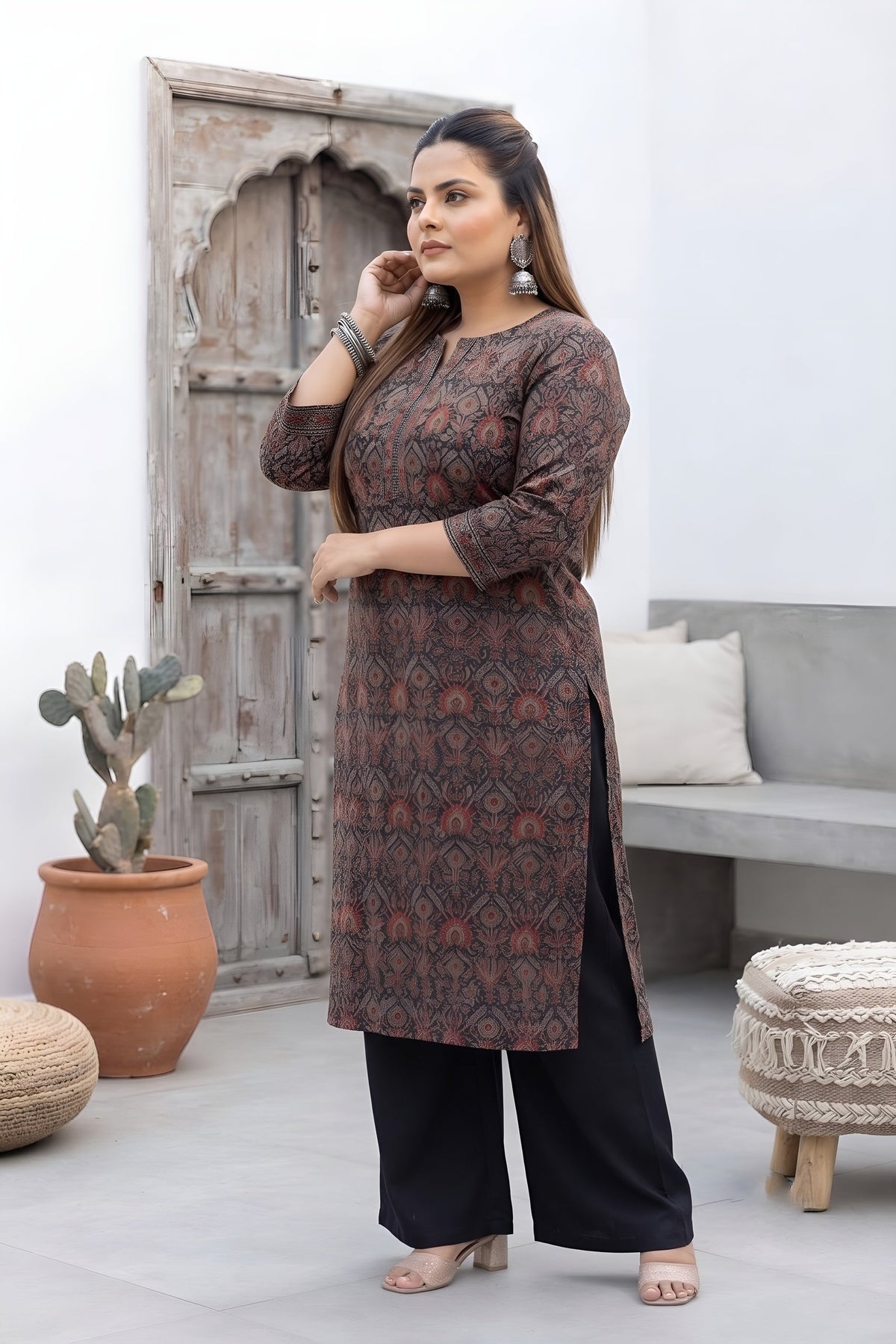 Plus Size Black Printed Straight kurta For Women