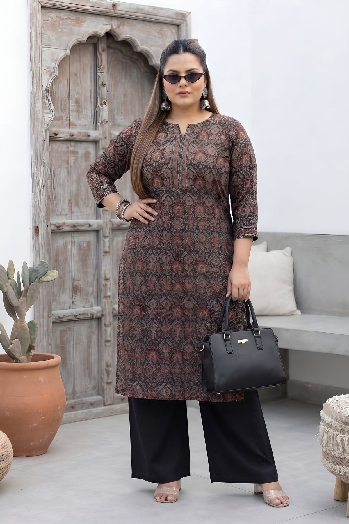 Plus Size Black Printed Straight kurta For Women