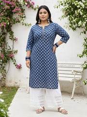 Plus Size Blue Printed Straight kurta For Women