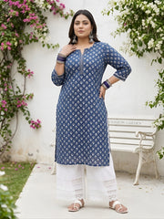 Plus Size Blue Printed Straight kurta For Women