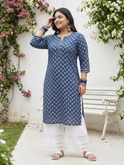Plus Size Blue Printed Straight kurta For Women