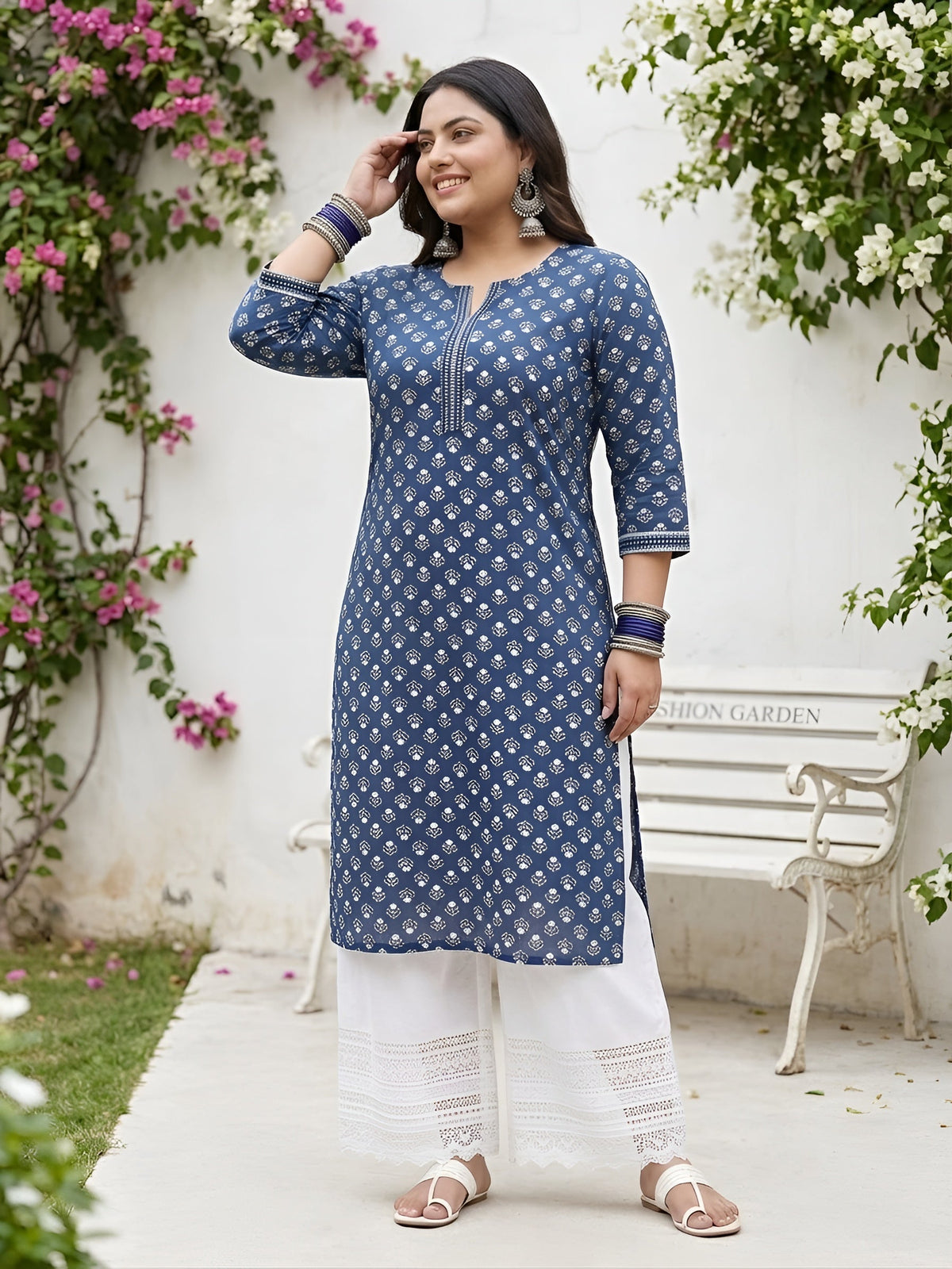 Plus Size Blue Printed Straight kurta For Women