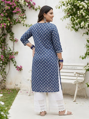 Plus Size Blue Printed Straight kurta For Women