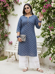 Plus Size Blue Printed Straight kurta For Women