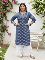 Plus Size Blue Printed Straight kurta For Women