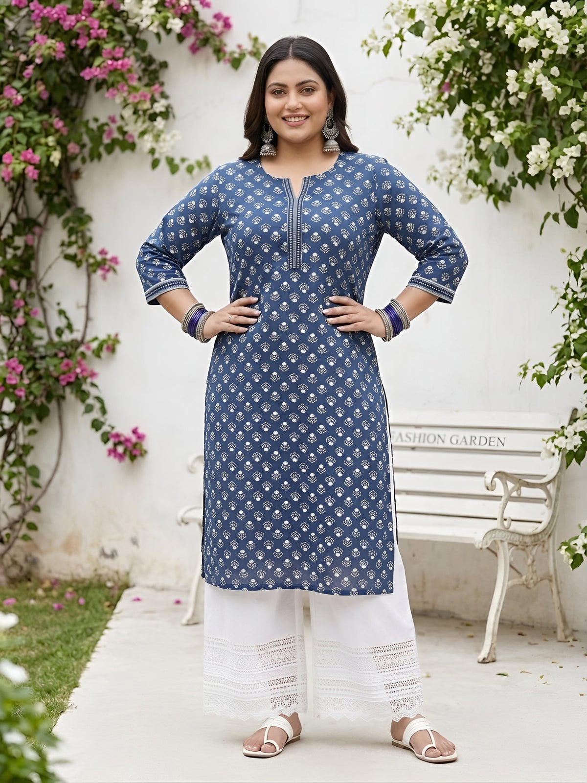Plus Size Blue Printed Straight kurta For Women