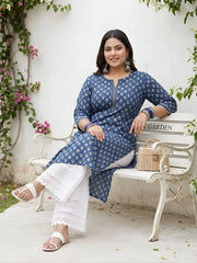 Plus Size Blue Printed Straight kurta For Women