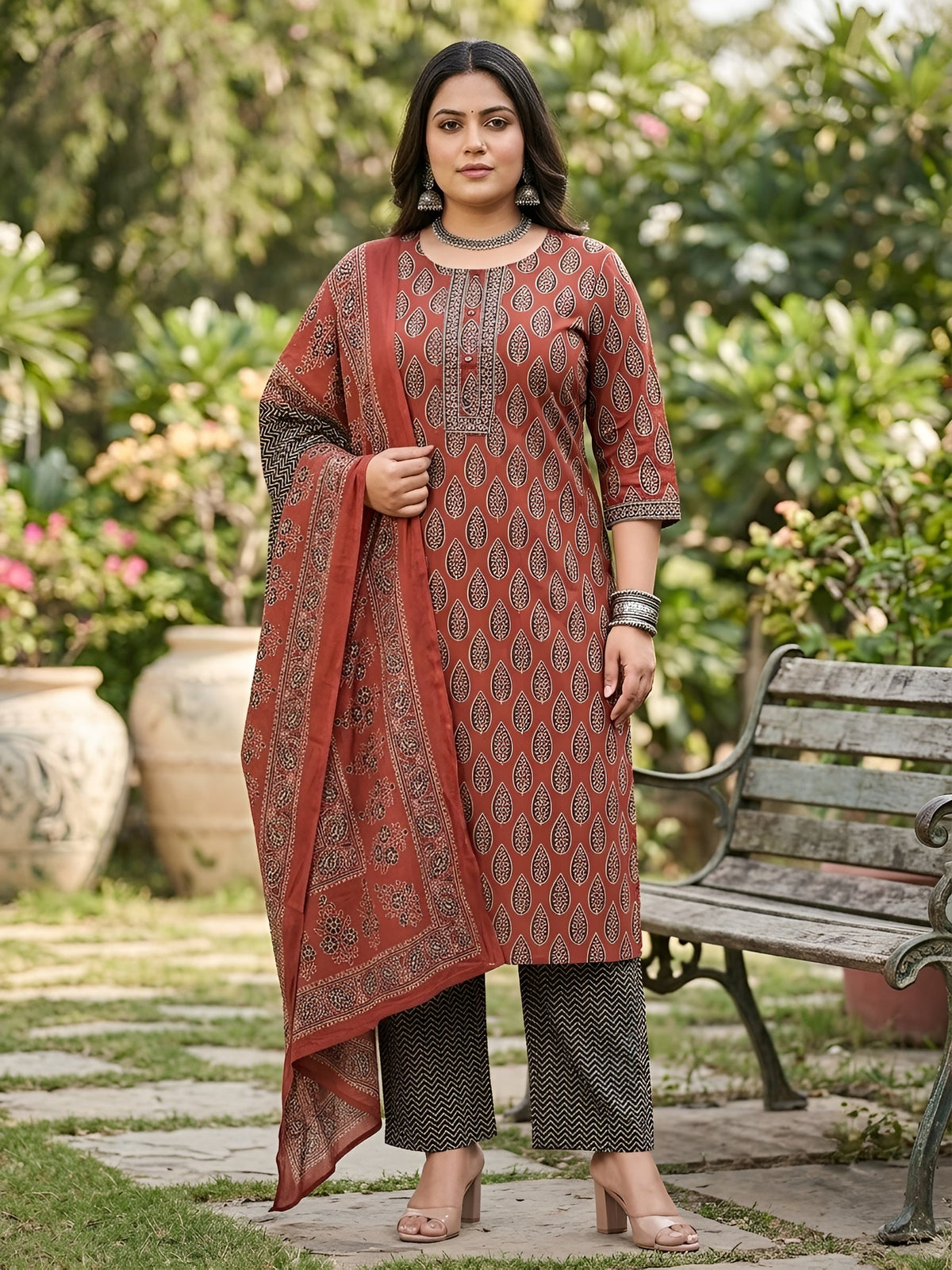 Kriti Plus Size Women Maroon Printed Straight Kurta With Palazo & Dupatta