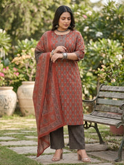 Kriti Plus Size Women Maroon Printed Straight Kurta With Palazo & Dupatta