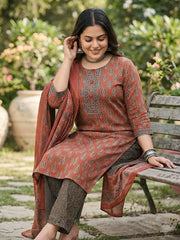 Kriti Plus Size Women Maroon Printed Straight Kurta With Palazo & Dupatta