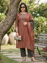 Kriti Plus Size Women Maroon Printed Straight Kurta With Palazo & Dupatta