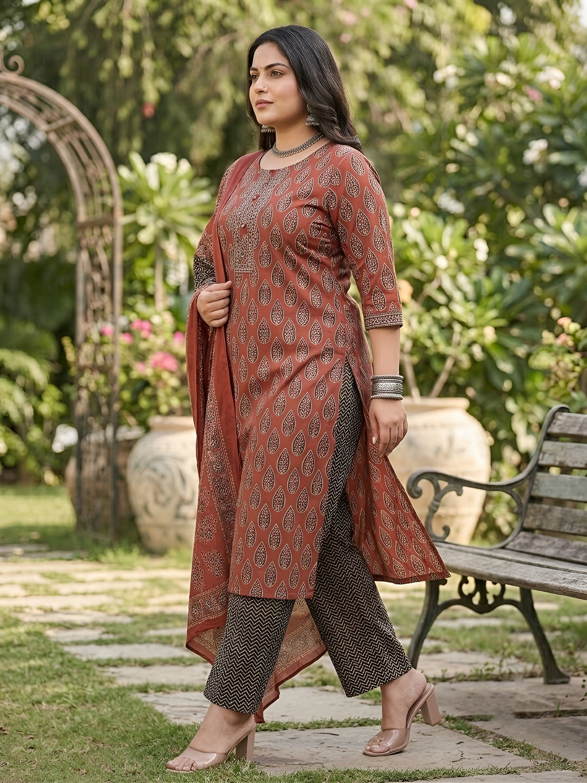 Kriti Plus Size Women Maroon Printed Straight Kurta With Palazo & Dupatta