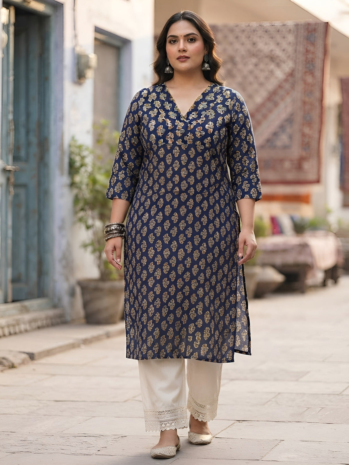 Plus Size Blue Printed Straight kurta For Women