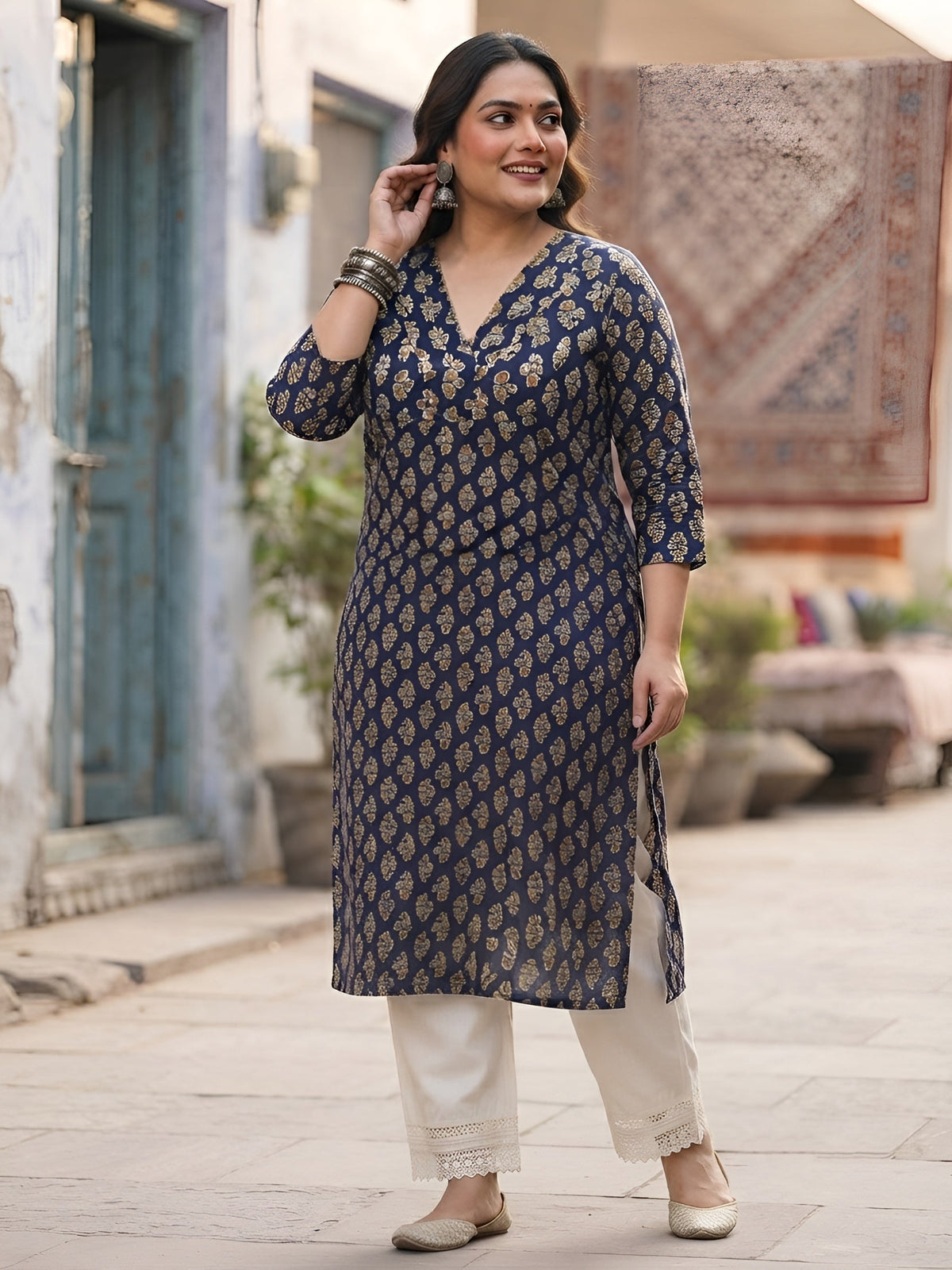 Plus Size Blue Printed Straight kurta For Women