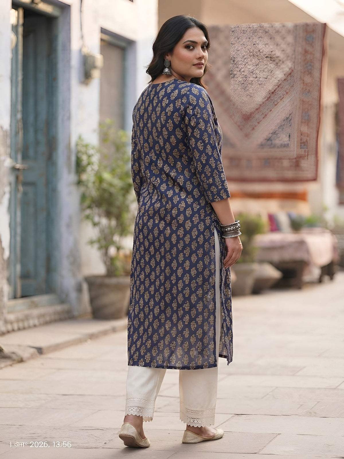 Plus Size Blue Printed Straight kurta For Women