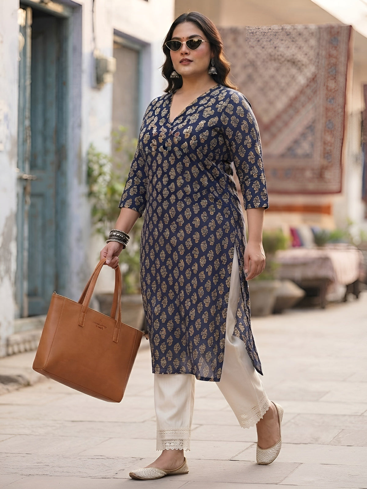 Plus Size Blue Printed Straight kurta For Women