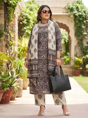 Plus Size Women Multicolor Printed Straight Kurta With Palazo & Dupatta