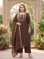 Pushpa Plus Size Women Brown Embroidered Kurta With Palazo & Dupatta