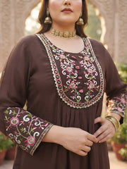 Pushpa Plus Size Women Brown Embroidered Kurta With Palazo & Dupatta