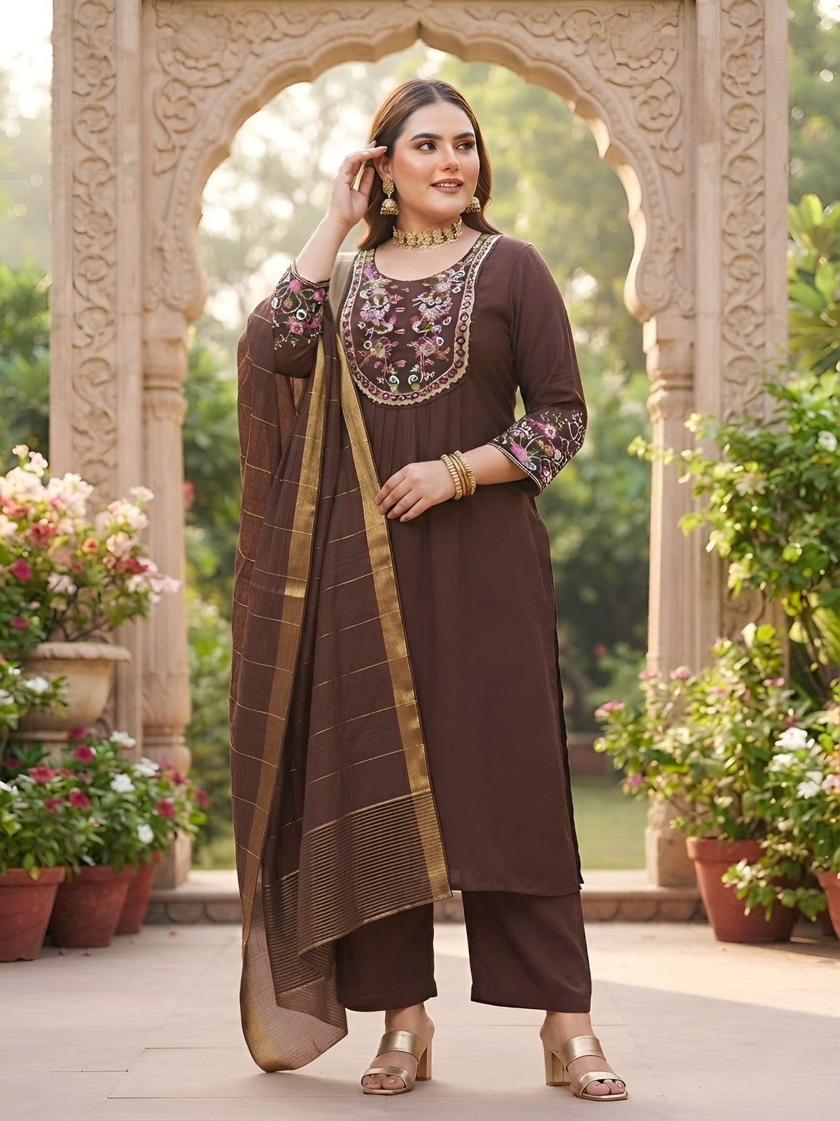 Pushpa Plus Size Women Brown Embroidered Kurta With Palazo & Dupatta