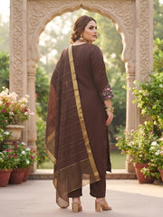 Pushpa Plus Size Women Brown Embroidered Kurta With Palazo & Dupatta